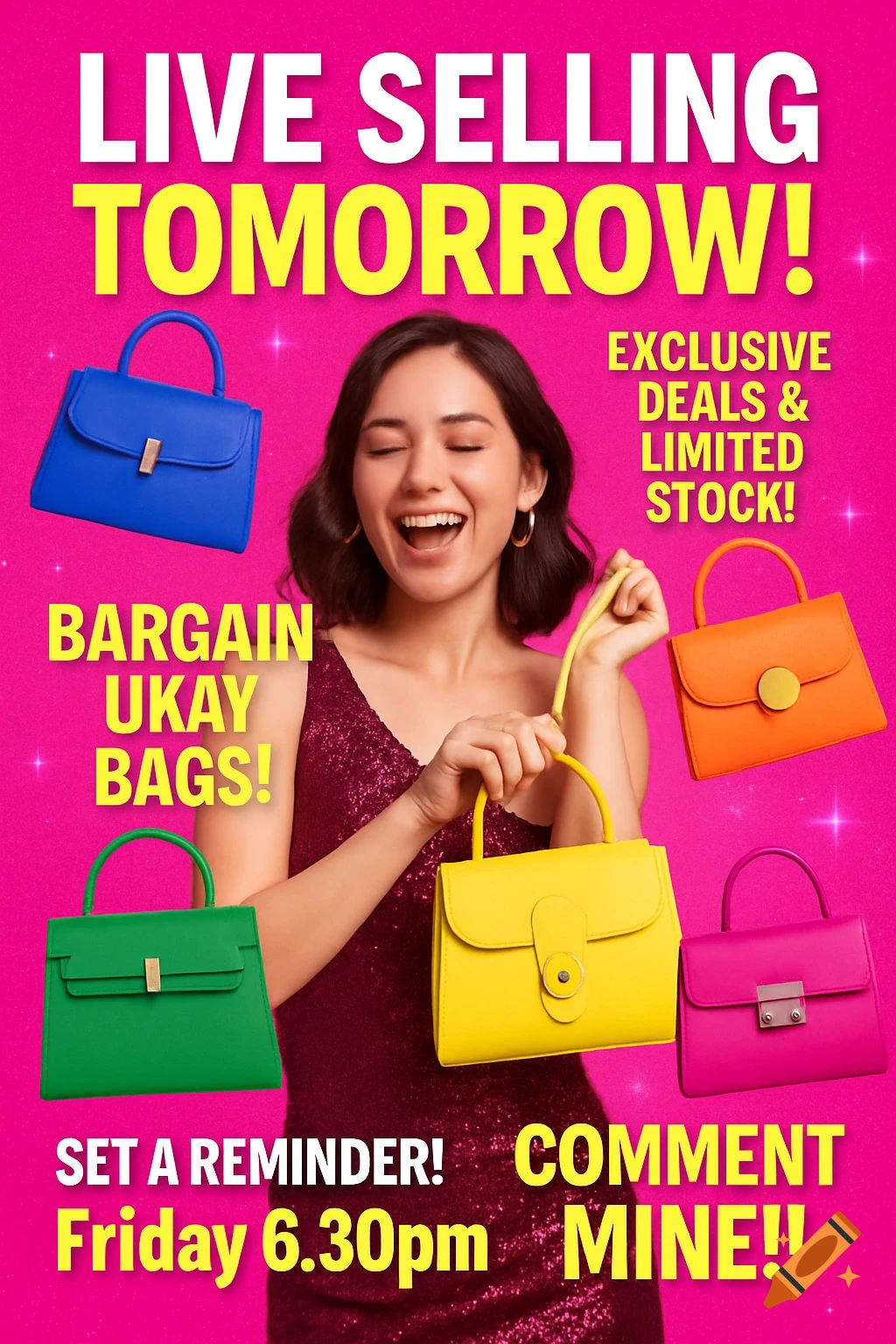A smiling woman in a sparkly top holds a yellow handbag, surrounded by other colorful handbags on a hot pink background with text advertising a live selling event.