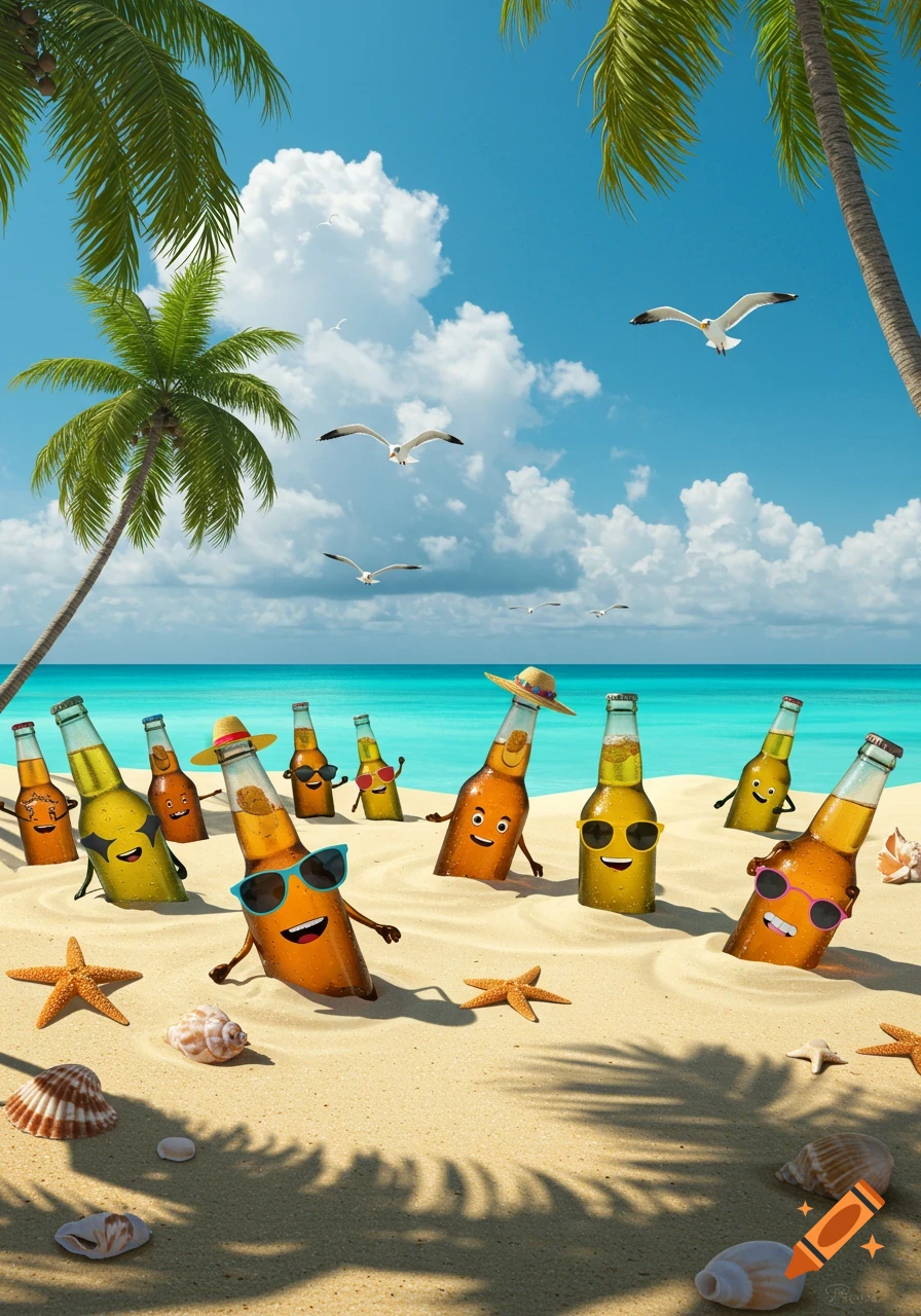 Cartoon beer bottles with faces, sunglasses, and hats buried in a sunny beach with palm trees and ocean.
