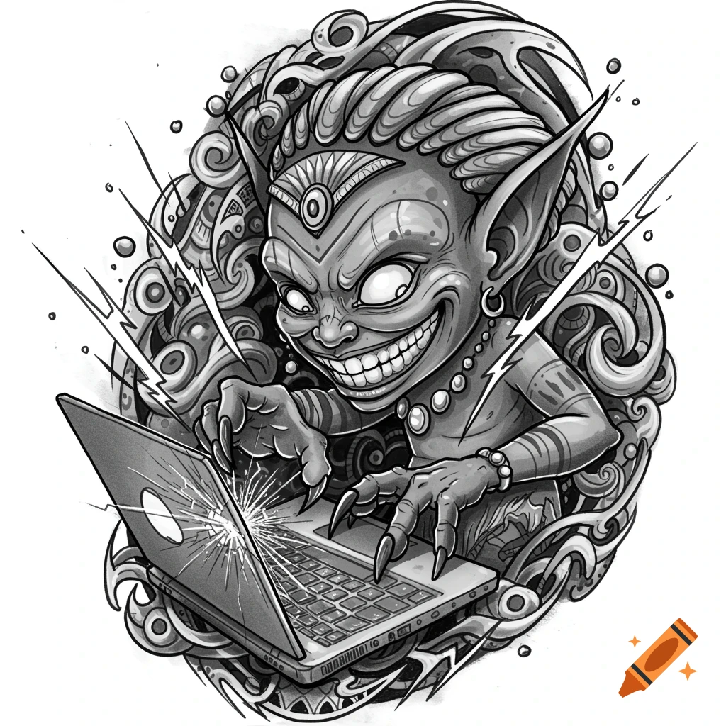 A black and white illustration of a mischievous, goblin-like creature with sharp claws and a wide grin, breaking a laptop screen.
