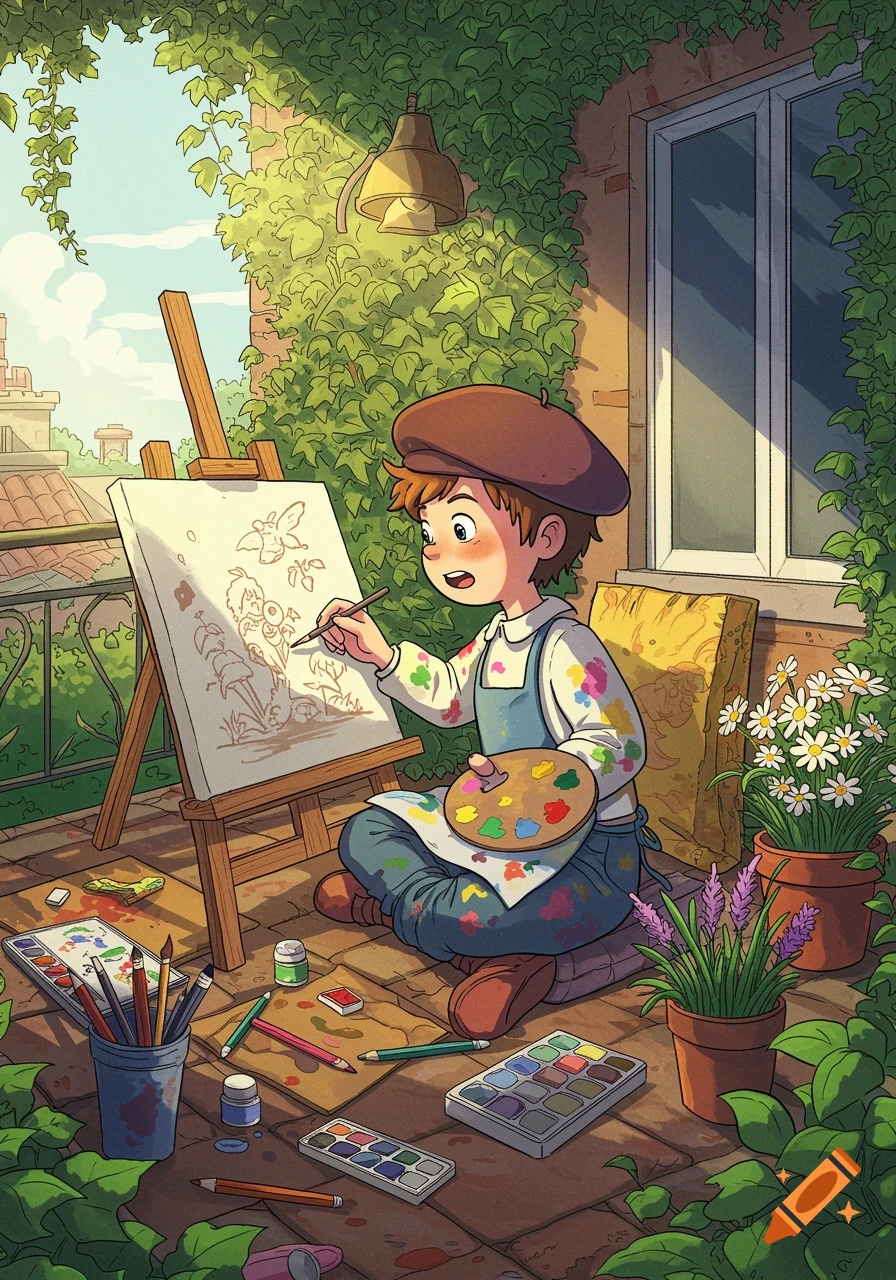 A young cartoon boy with a beret sits on a sunlit balcony, painting on an easel surrounded by plants and art supplies.