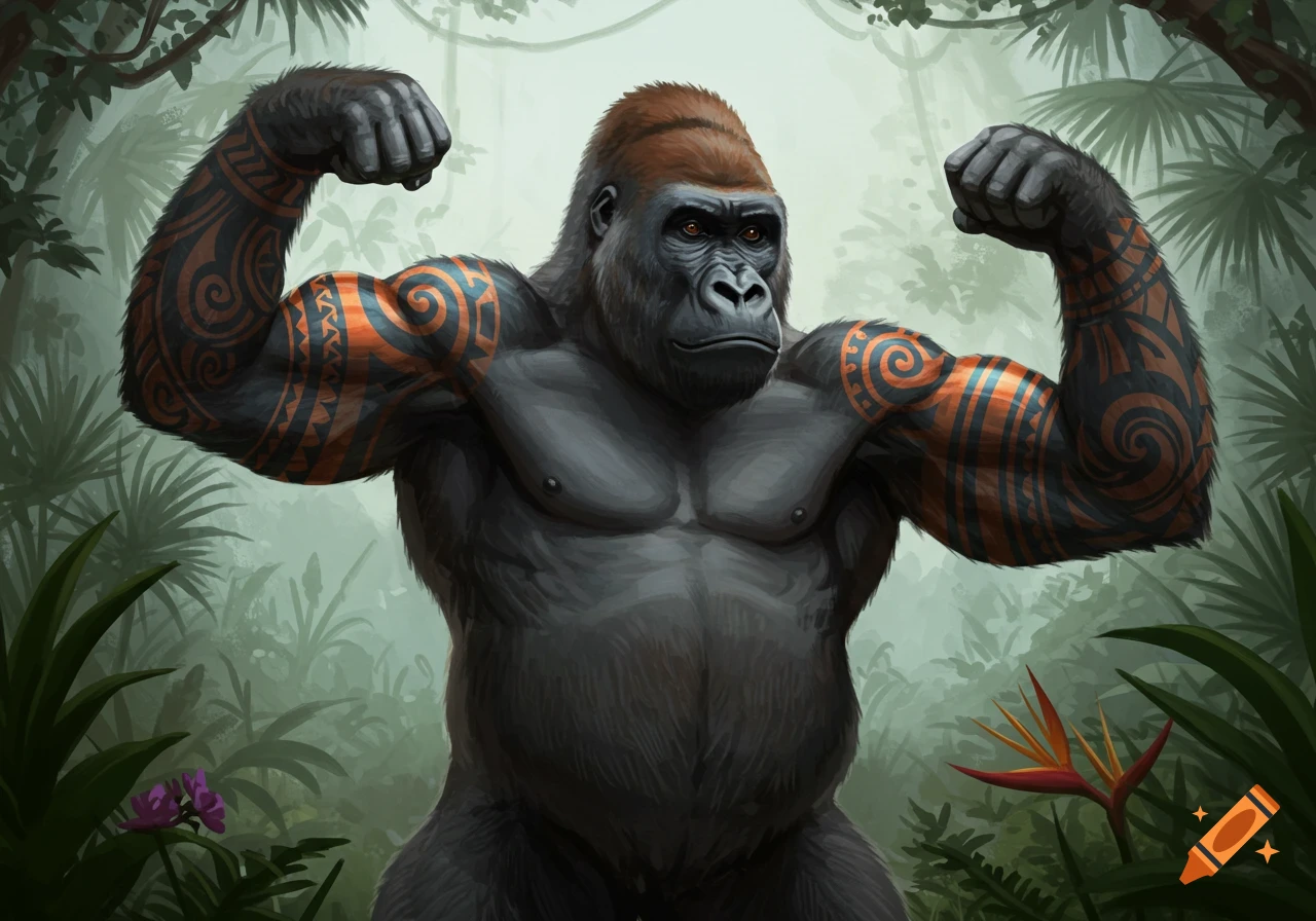 A muscular gorilla with tribal arm tattoos flexes its biceps in a lush jungle, depicted in a detailed digital illustration.