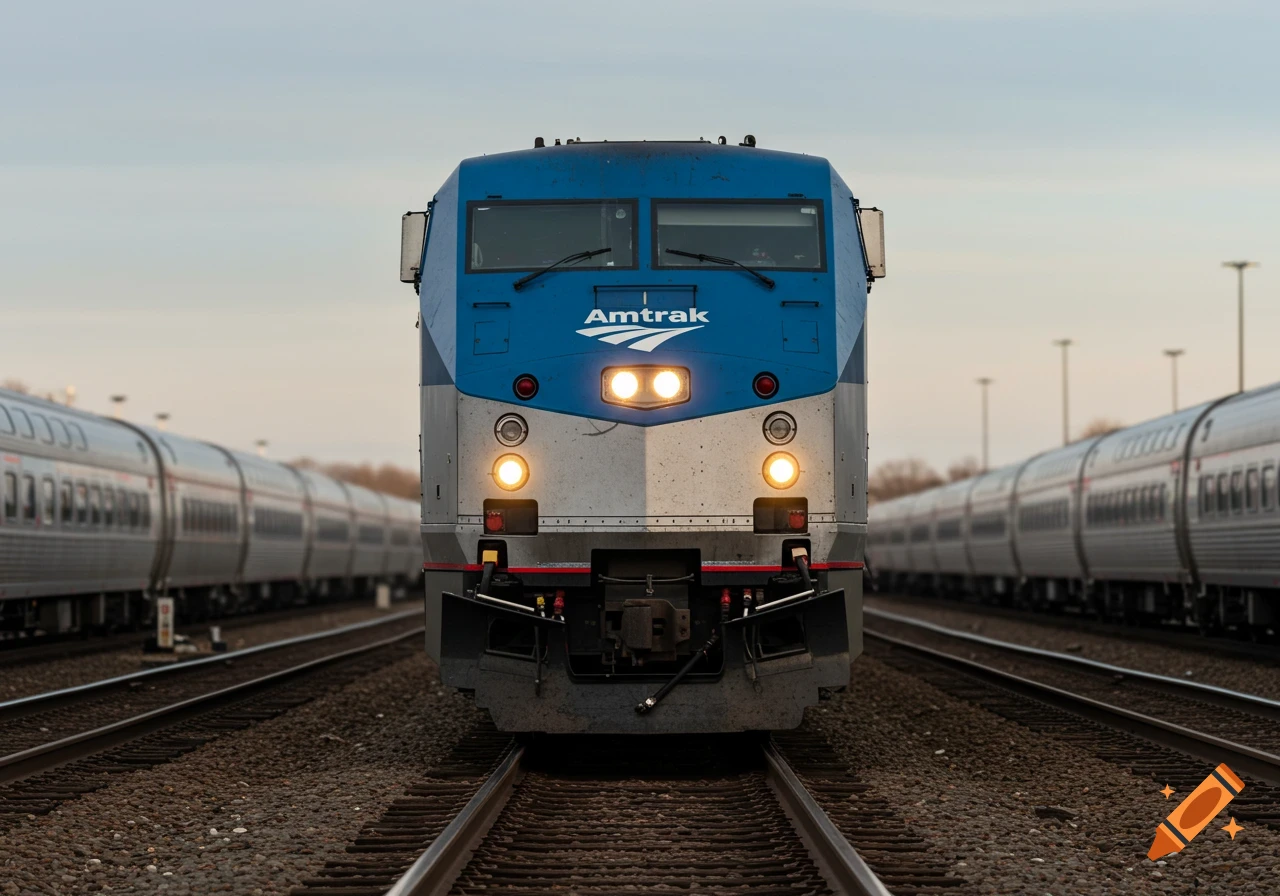 Front view of a blue and silver Amtrak locomotive with headlights on, parked on tracks between other trains.