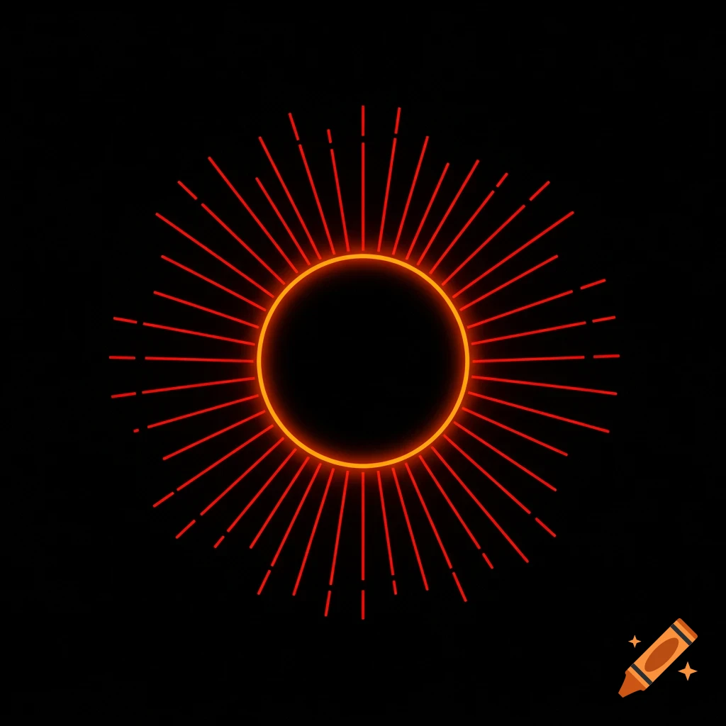 A minimalist graphic of a glowing orange circle with red radiating lines on a black background.
