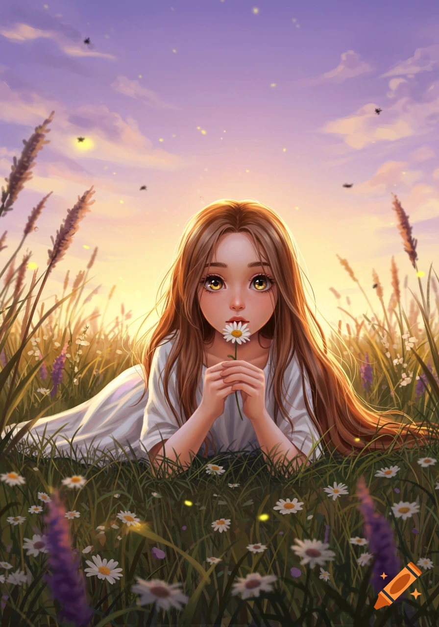 A stylized illustration of a girl with long brown hair lying in a field of green grass and daisies at sunset, holding a daisy.