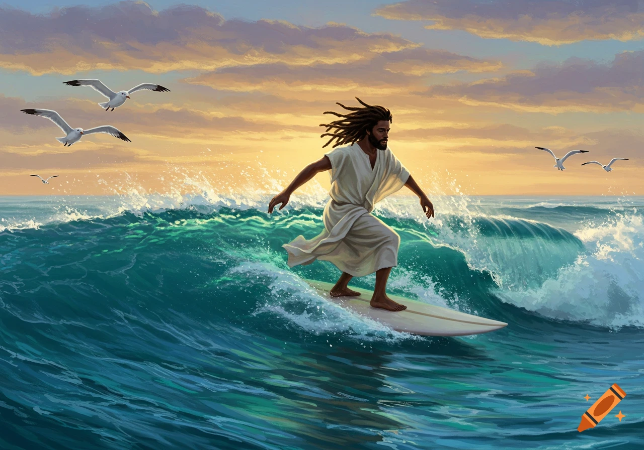 Painting of a man with dreadlocks, resembling Jesus, surfing a large wave at sunset, with seagulls flying.