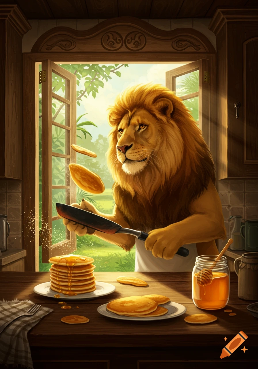 A majestic lion in a kitchen wears an apron and skillfully flips pancakes with a frying pan. A stack of syrup-covered pancakes on the table.
