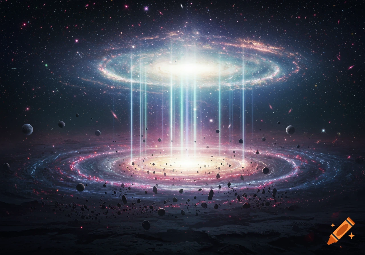 A vibrant cosmic scene with a galaxy beaming light to a swirling formation, surrounded by planets and asteroids in dark space.