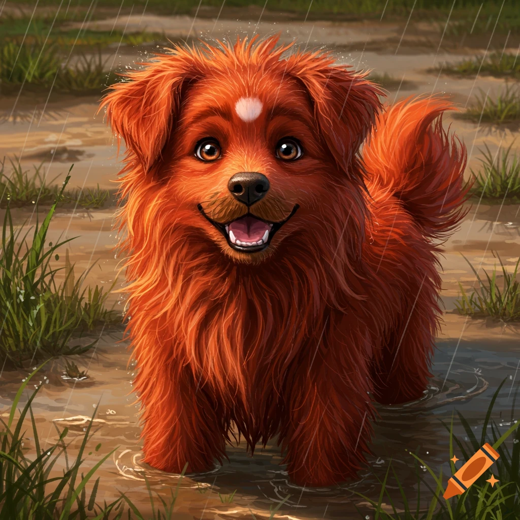 A happy, fluffy red dog with a white dot on its forehead stands in muddy puddles in the rain.