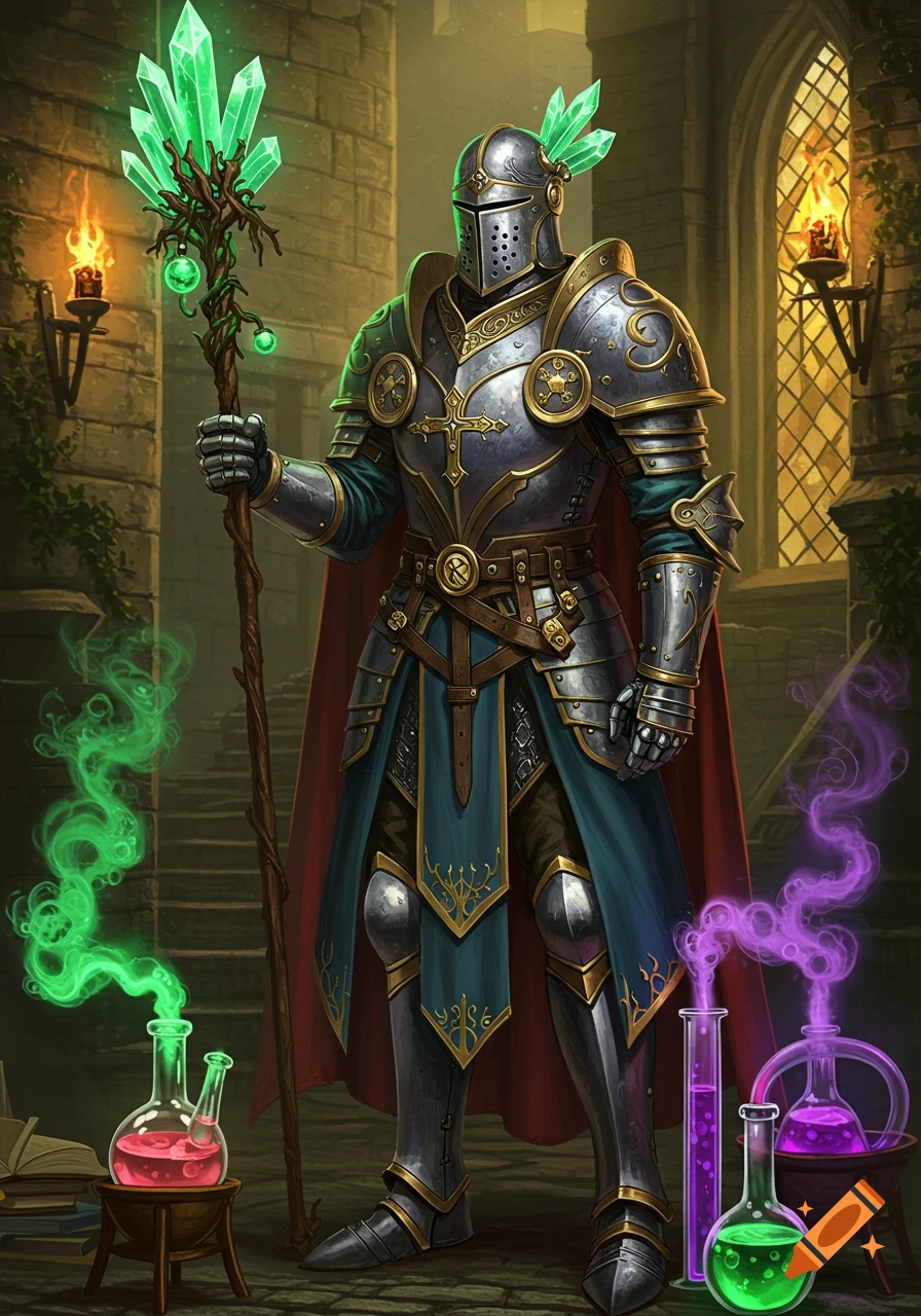 A fantasy alchemist knight in ornate armor holds a glowing crystal staff, surrounded by colorful bubbling potions in a stone hall.