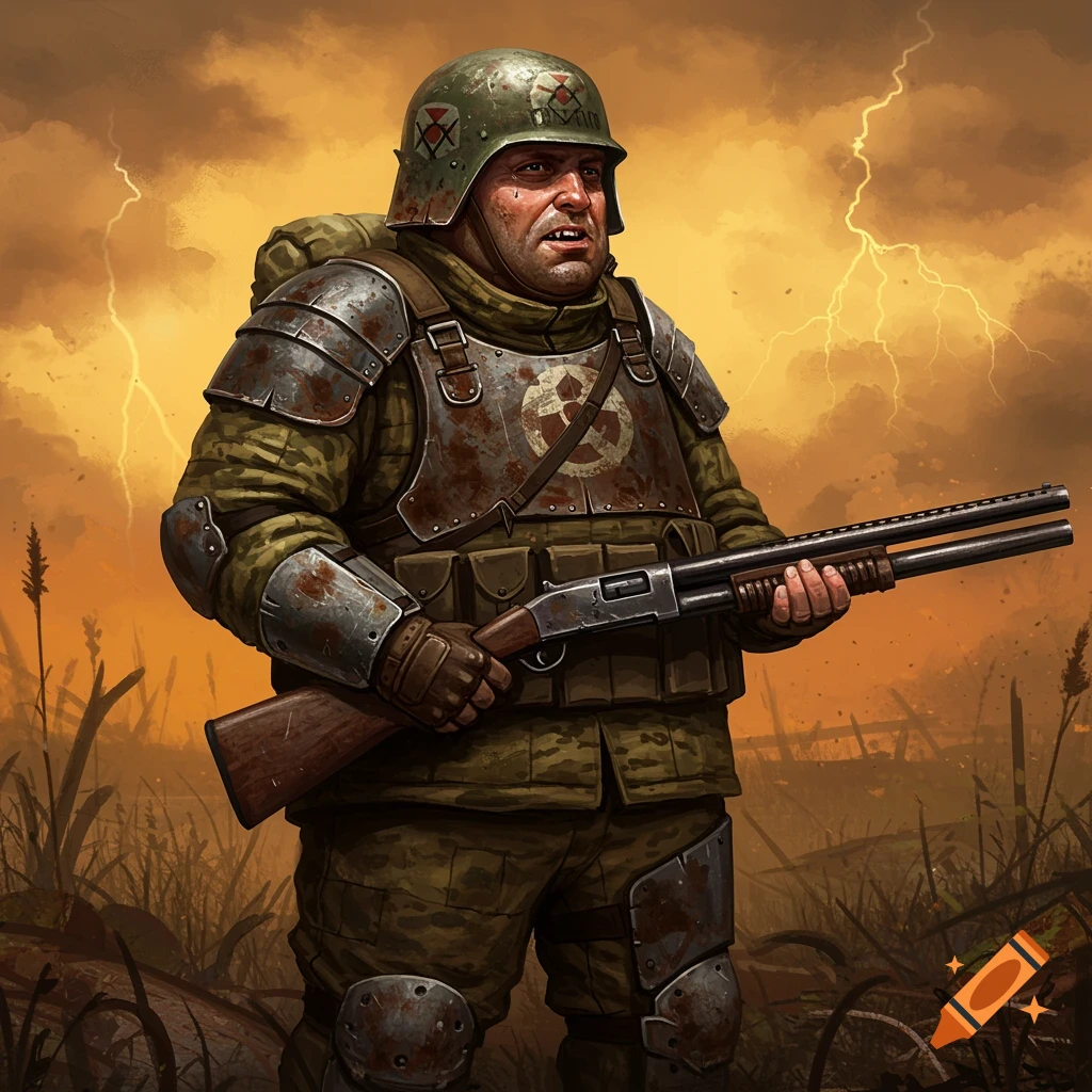 A heavily armored, stout soldier with a shotgun stands in a desolate, stormy landscape with lightning, in a style reminiscent of the STALKER video games.