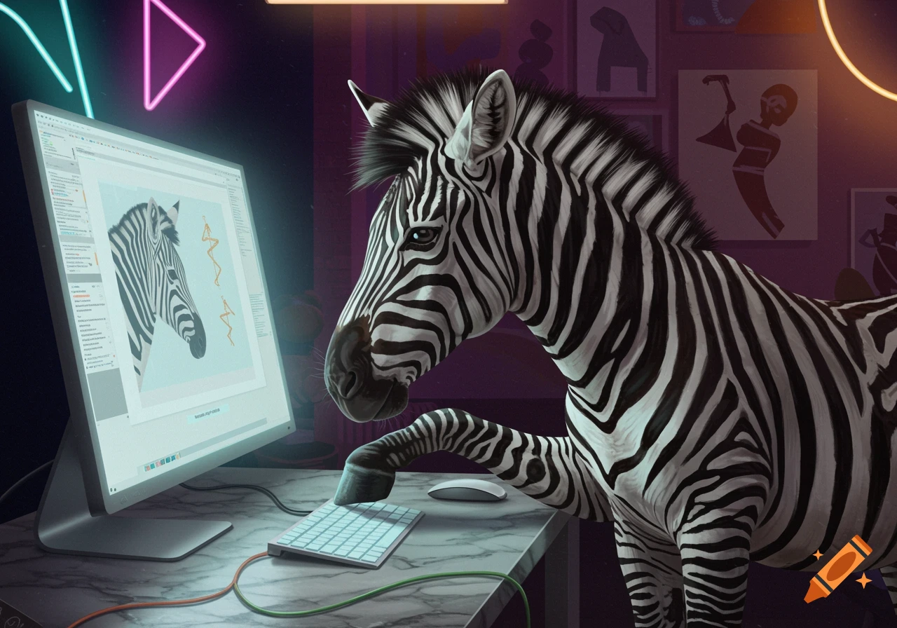 A zebra sits at a desk, looking at a computer monitor displaying an image of a zebra head in a neon-lit room.