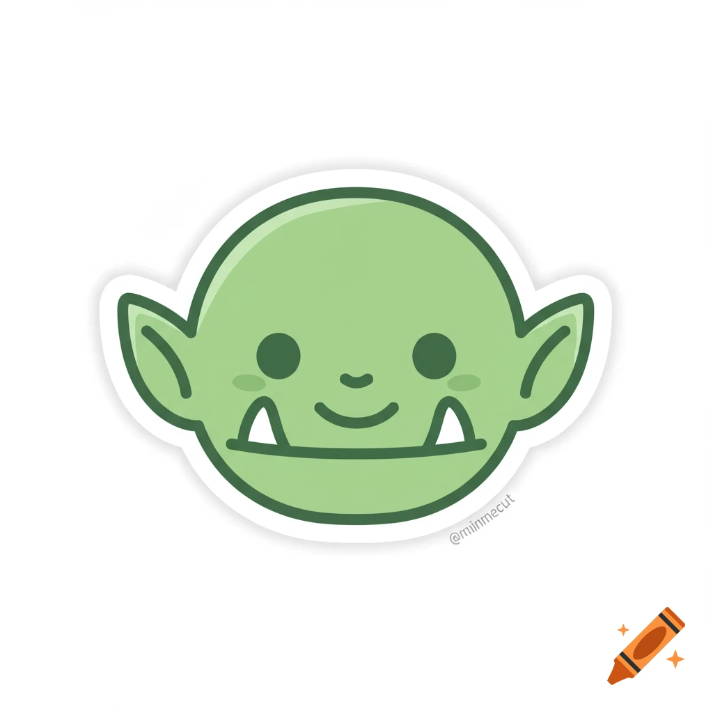 A cute, minimalist green orc face sticker with a wide smile and small fangs, on a white background.