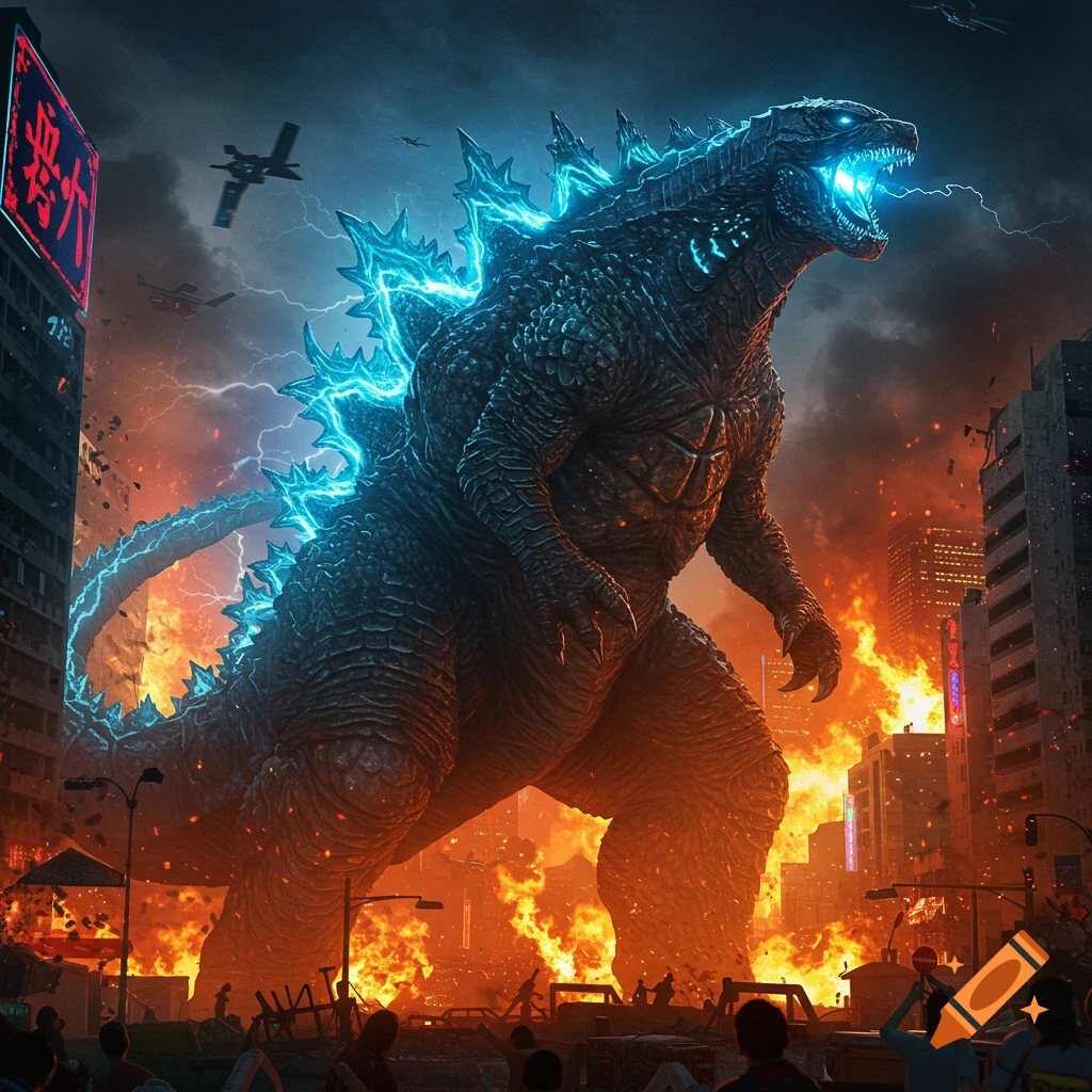 A massive Godzilla, glowing blue, stands amidst a burning city with lightning striking, as people flee below in a photorealistic style.