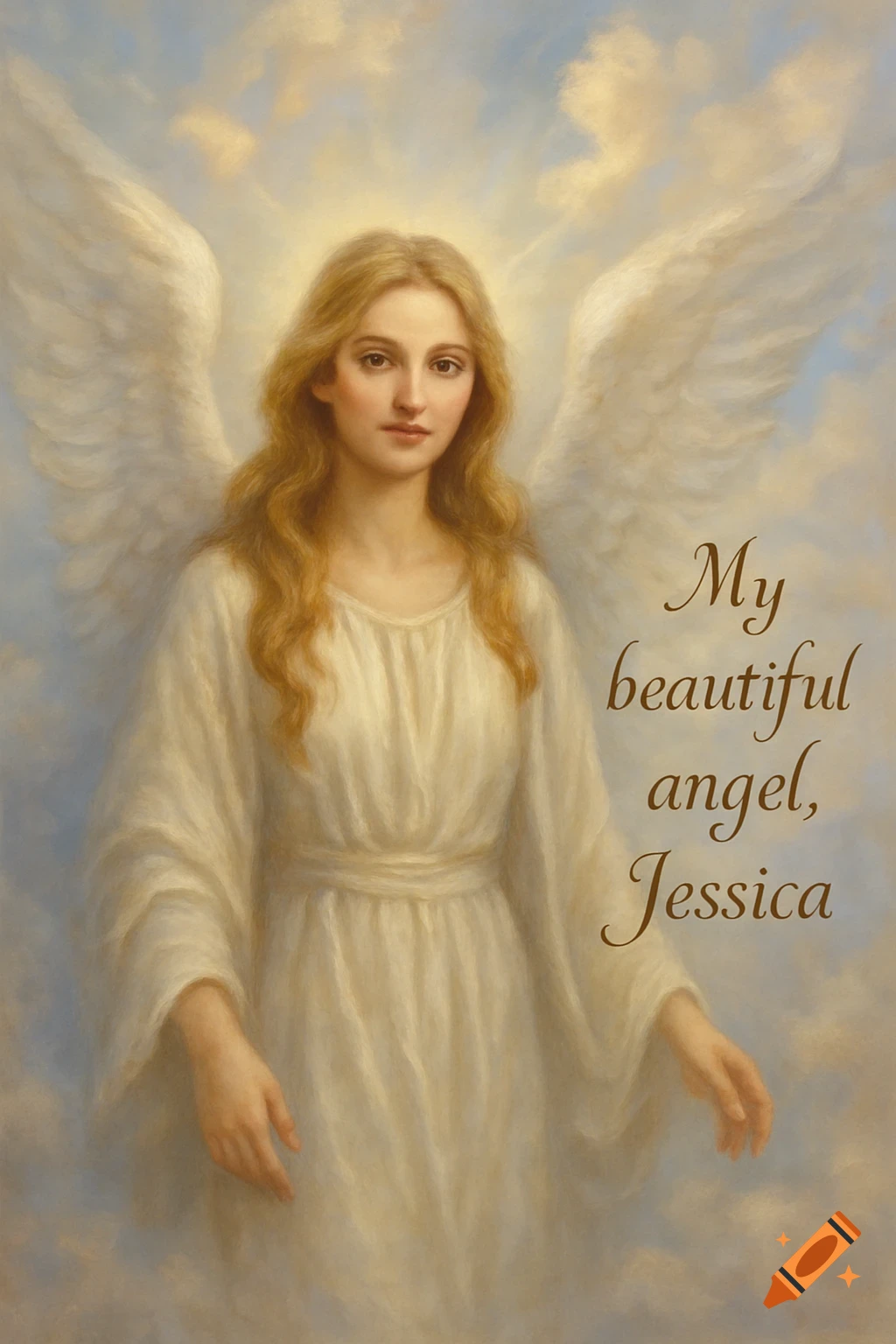 A beautiful oil painting of a blonde angel with large white wings, bathed in a soft heavenly light against a cloudy sky. Text reads "My beautiful angel, Jessica."