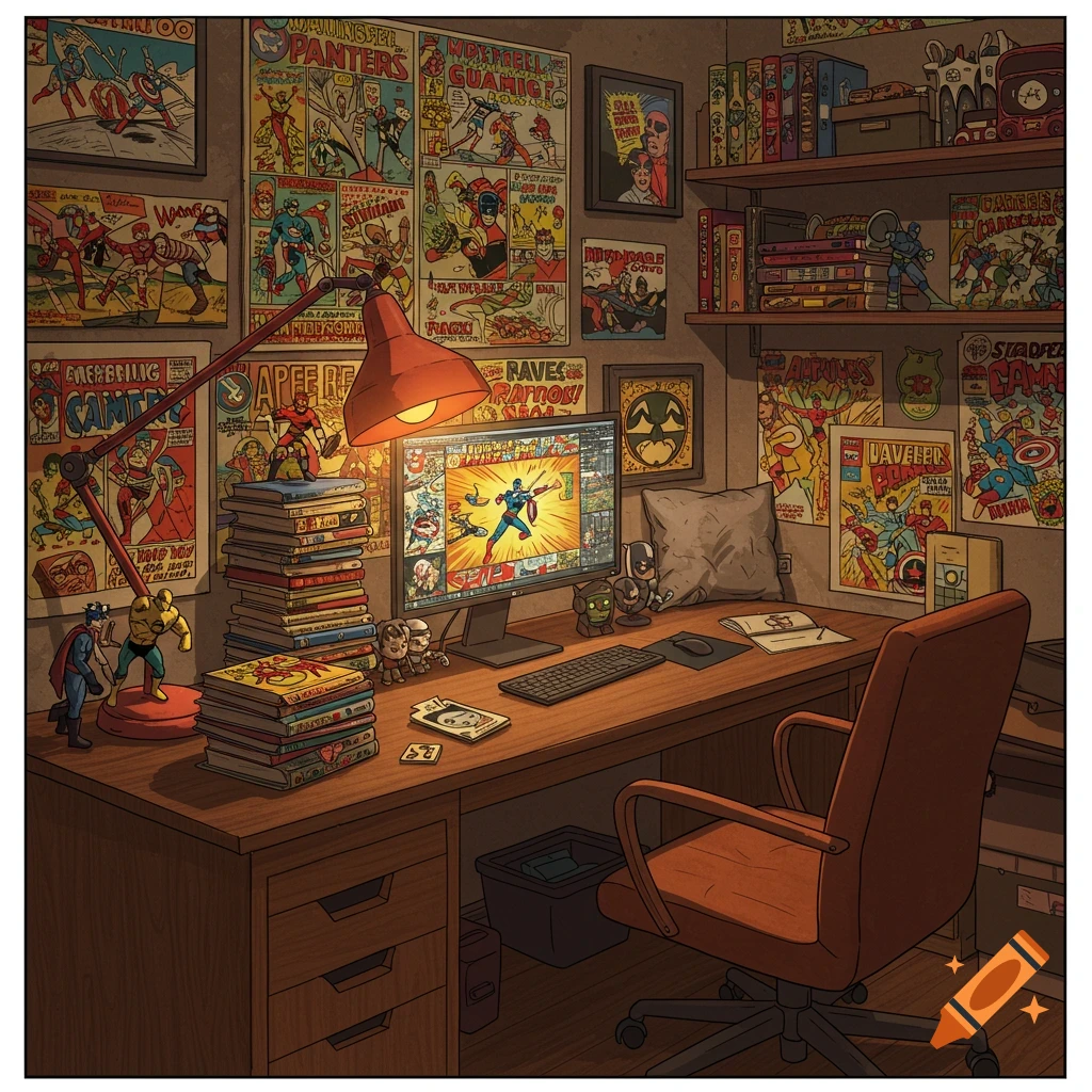 A detailed illustration of a cluttered home office, with a desk, chair, computer, and many comic book posters and action figures covering the walls and surfaces.