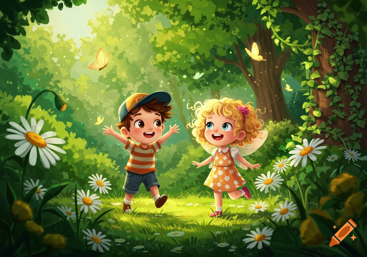 A boy and a fairy girl play happily in a vibrant green forest with flowers and butterflies in a cartoon illustration style.