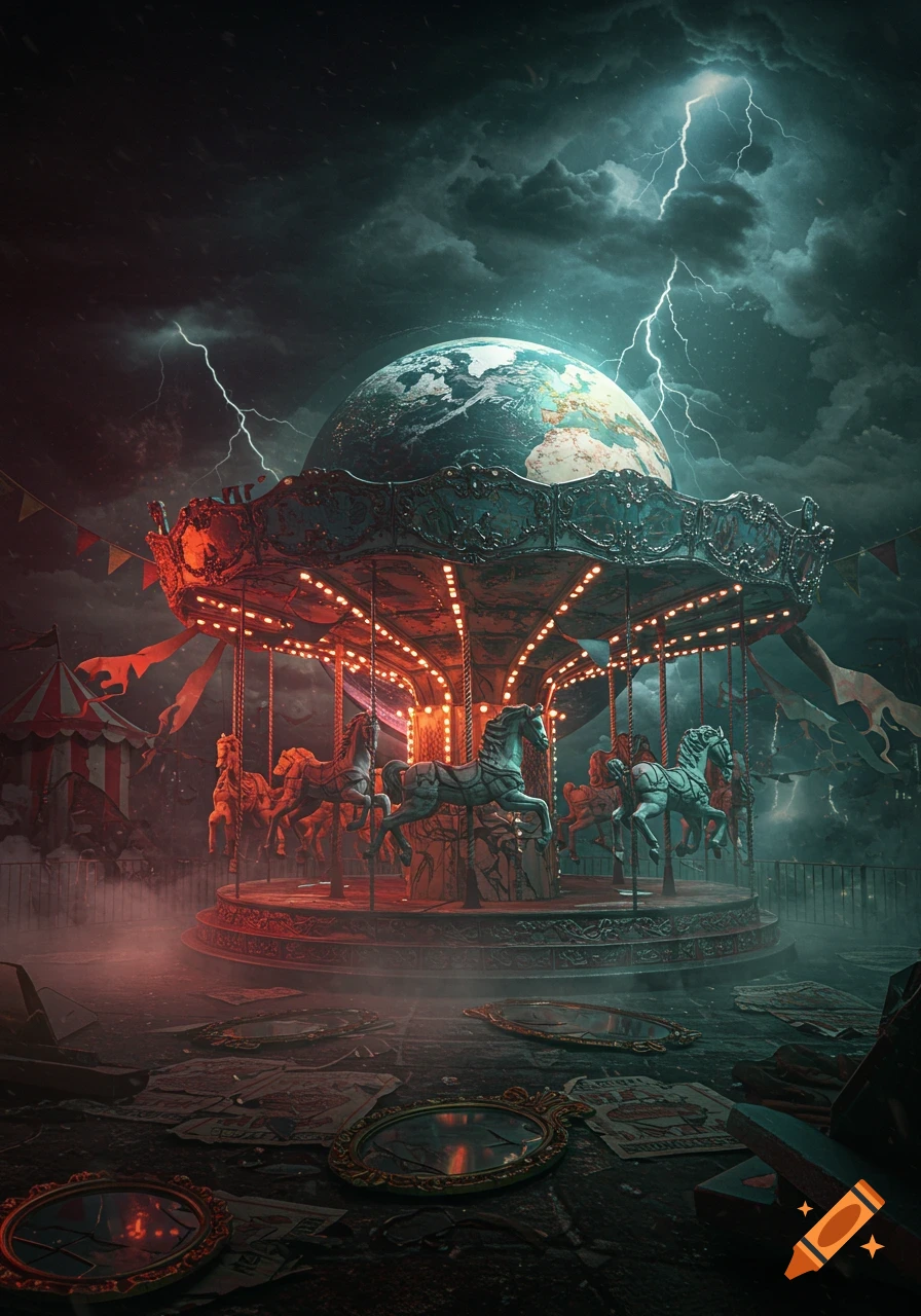 A dark, surreal carousel with a globe on top, illuminated by red lights, under a stormy sky with lightning. Broken mirrors lie on the ground.