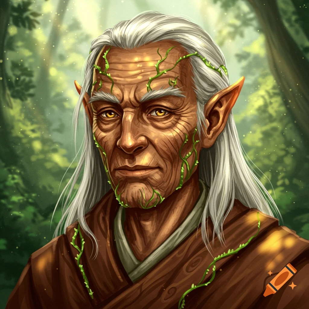 Portrait of an old male wood elf monk with green vines on his face.