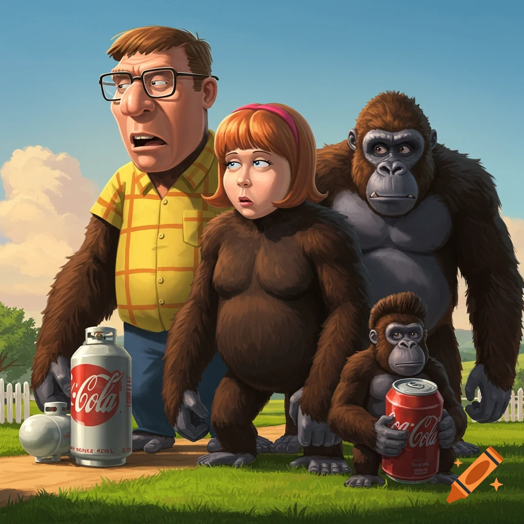 Cartoon illustration of Hank, Peggy, and Bobby Hill as human-gorilla hybrids, standing with a full gorilla on a grassy lawn with Coca-Cola cans.