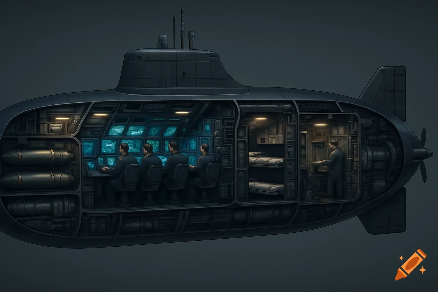 A detailed cutaway side view of a nuclear submarine, revealing the interior compartments including a control room with crew, torpedo bay, and living quarters.