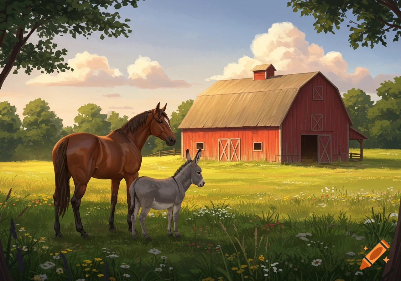 A brown horse and a gray donkey stand in a sunny green field with a red barn in the background, illustrated.