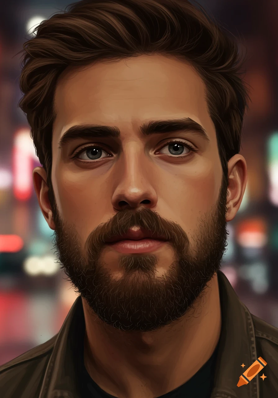 Close-up digital painting of a man with a beard, dark hair, and blue eyes, against a blurred background.