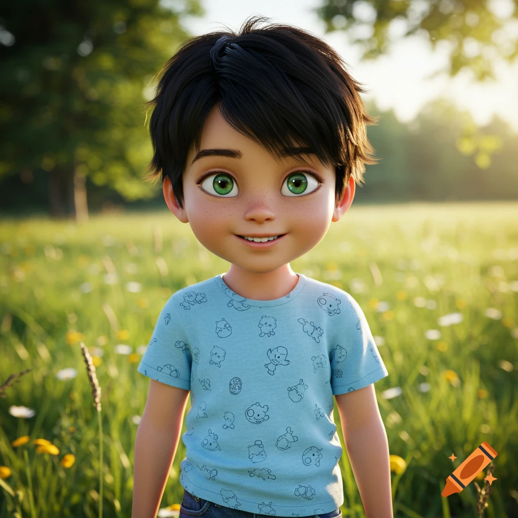 A cartoon boy with dark hair and big green eyes smiles in a sunlit grassy field.
