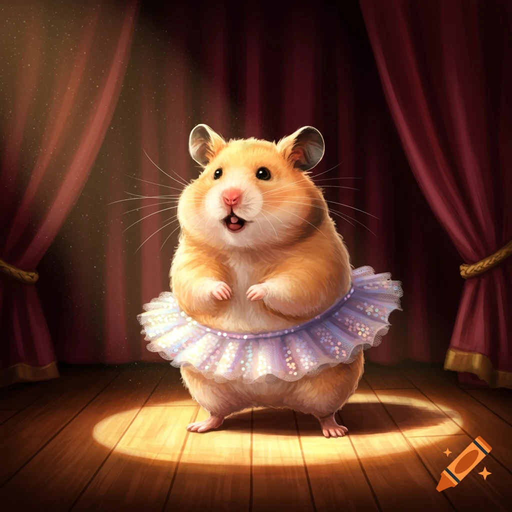 A cute, fluffy golden hamster in a sparkling purple tutu stands on a wooden stage under a spotlight with red curtains.