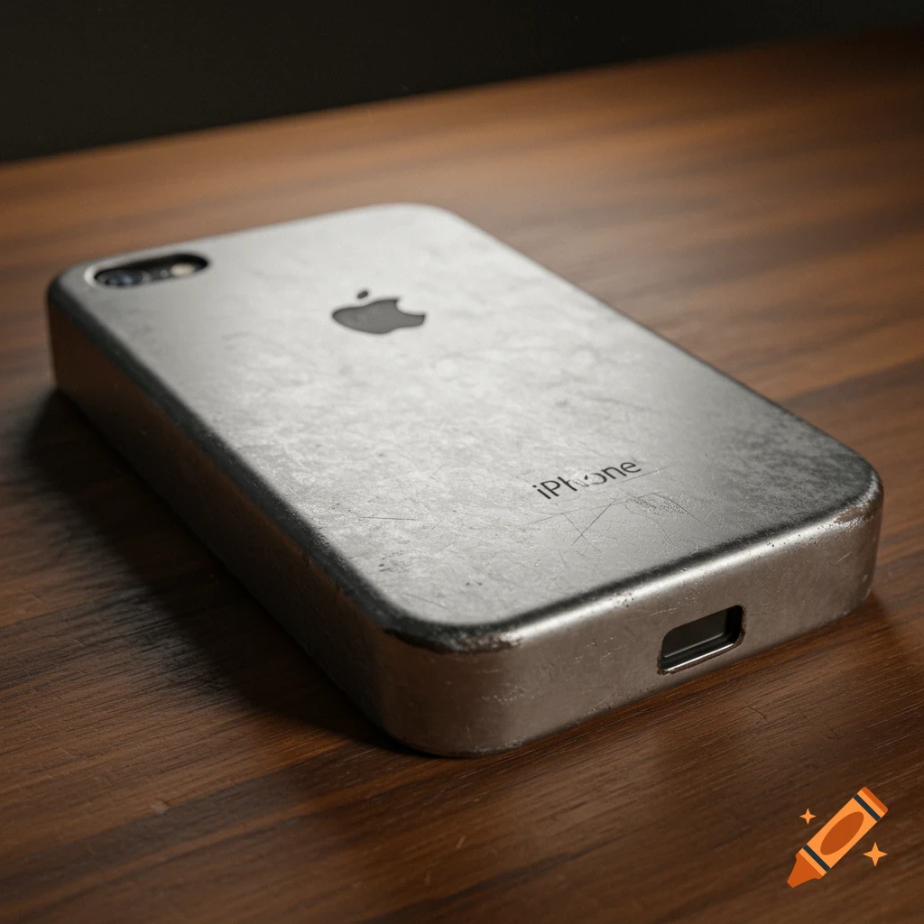 A heavily scratched and worn silver smartphone case, resembling an iPhone, rests on a wooden table.