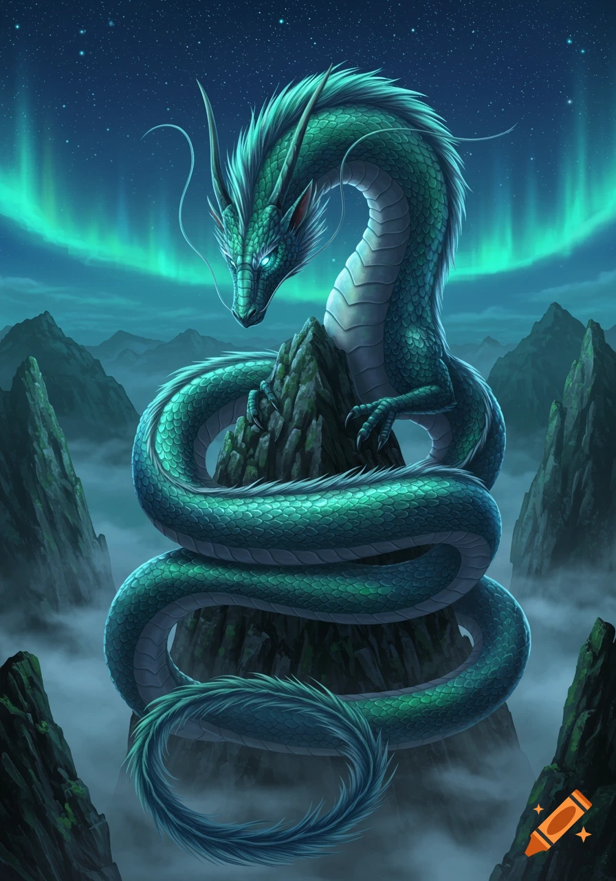 A majestic green oriental dragon with glowing eyes coiled around a jagged mountain peak under a starry sky with a vibrant aurora borealis.