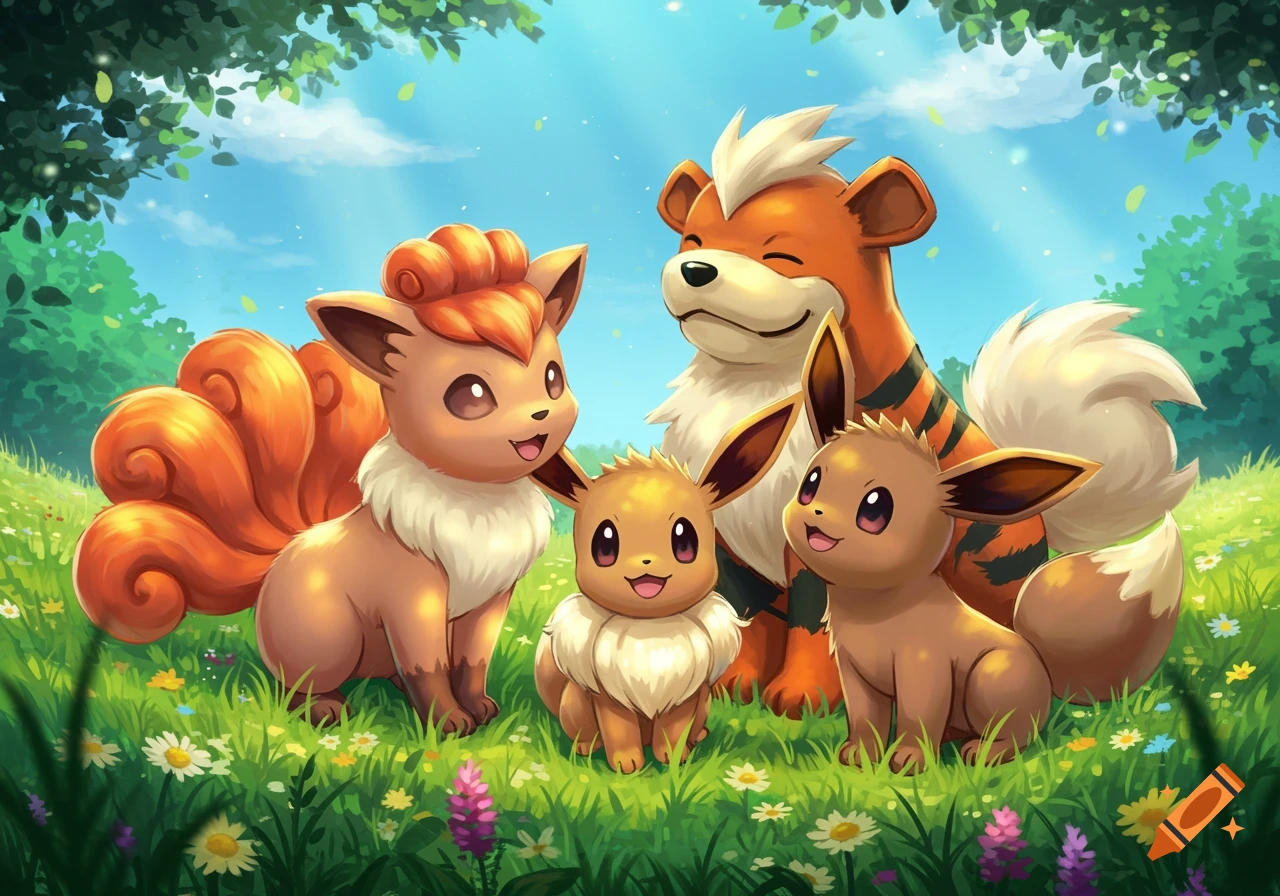 A group of cheerful Pokémon, including a Vulpix, a Growlithe, and two Eevee, sit in a vibrant green field with flowers under a sunny blue sky.