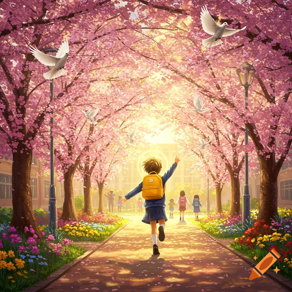 A child with a yellow backpack runs down a cherry blossom-lined path towards a school, with doves flying above, in an anime style.