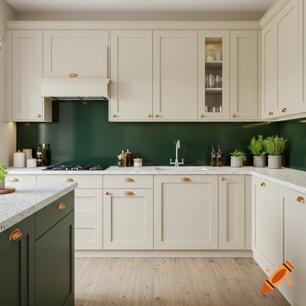 A modern kitchen with cream cabinets, dark green backsplash, and white speckled countertops.