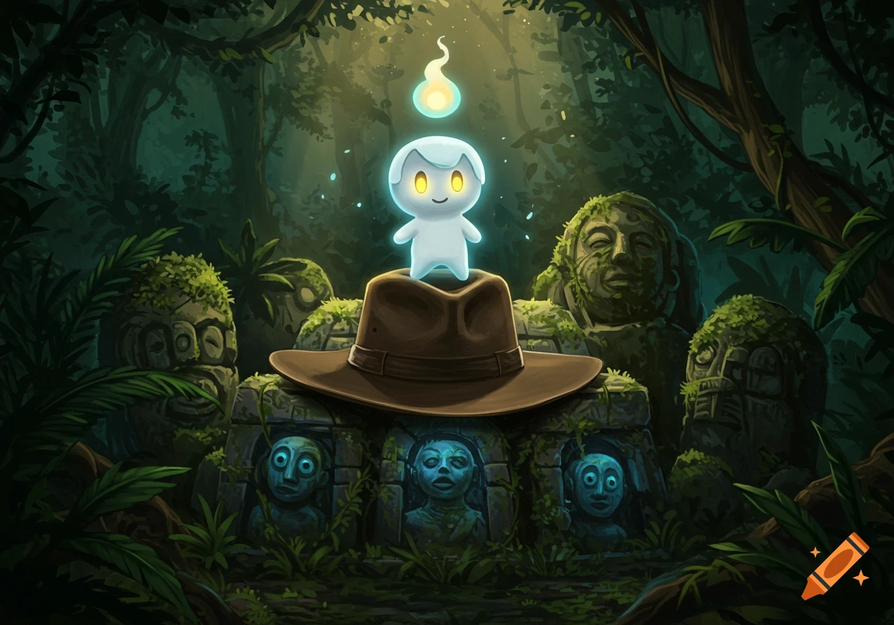 A glowing white ghost-like creature with a flame head stands on an Indiana Jones-style fedora in a dark, lush jungle with ancient moss-covered ruins.