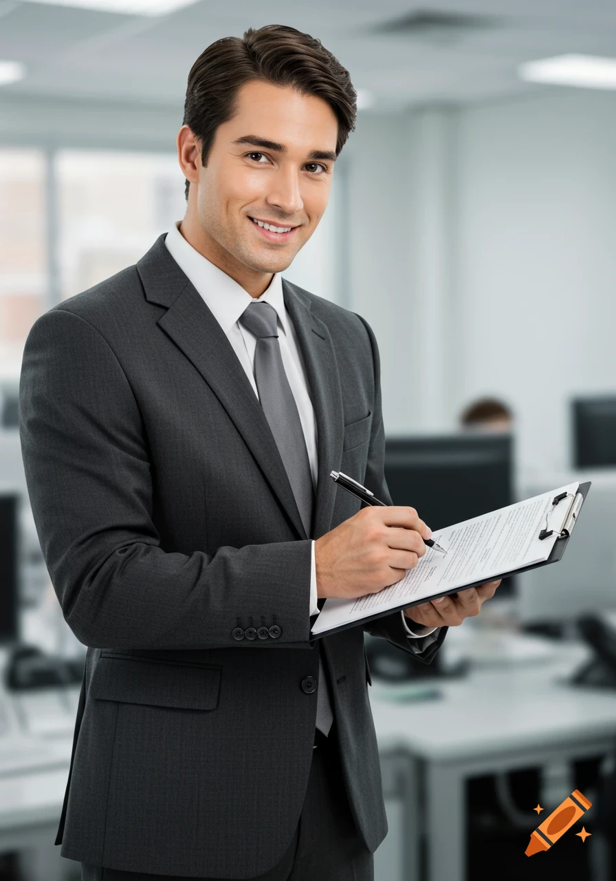 A handsome man in a suit smiles while writing on a clipboard in an office.