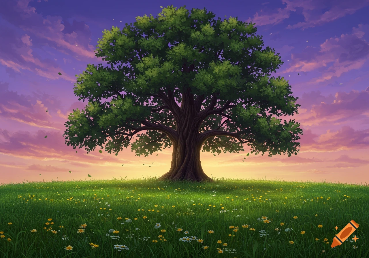 A large oak tree stands in a vibrant green field with wildflowers under a dramatic purple, pink, and orange sunset sky.
