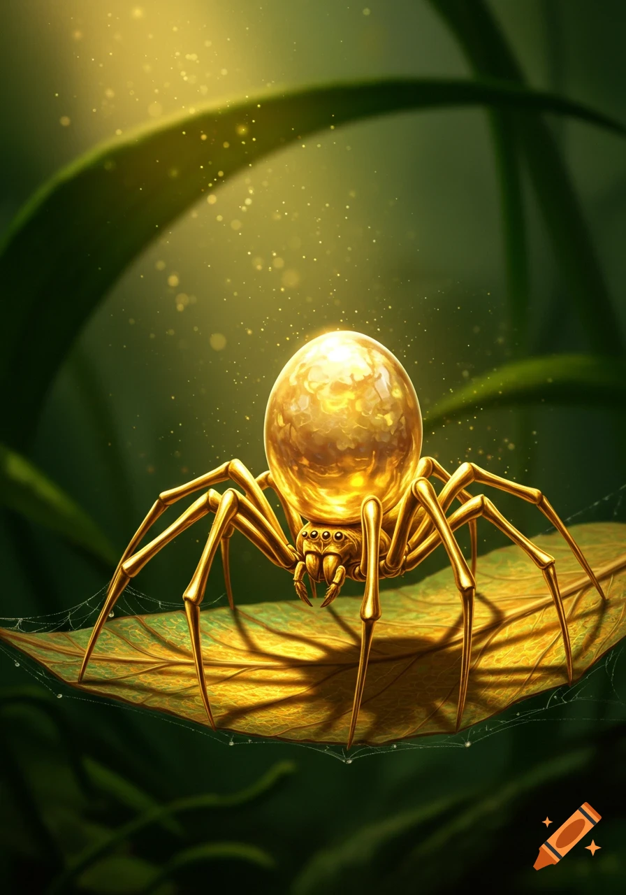 A golden spider with a large, shiny golden egg on its back, standing on a golden leaf in a lush, green, sunlit environment.