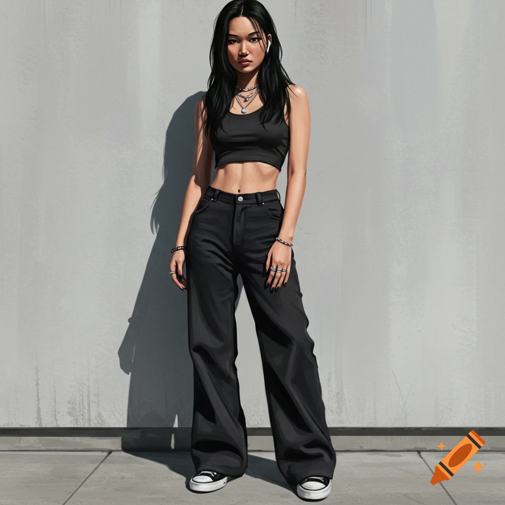 Digital painting of a young woman with long dark hair, wearing a black crop top and wide-leg pants, standing against a gray wall.