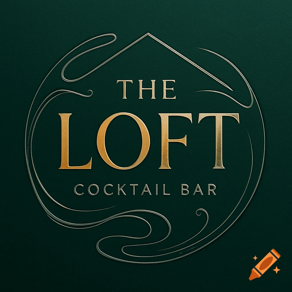 A dark green logo with gold embossed text "THE LOFT" in the center, and "THE" above and "COCKTAIL BAR" below. Silver swirling lines surround the text, forming a subtle house shape at the top.