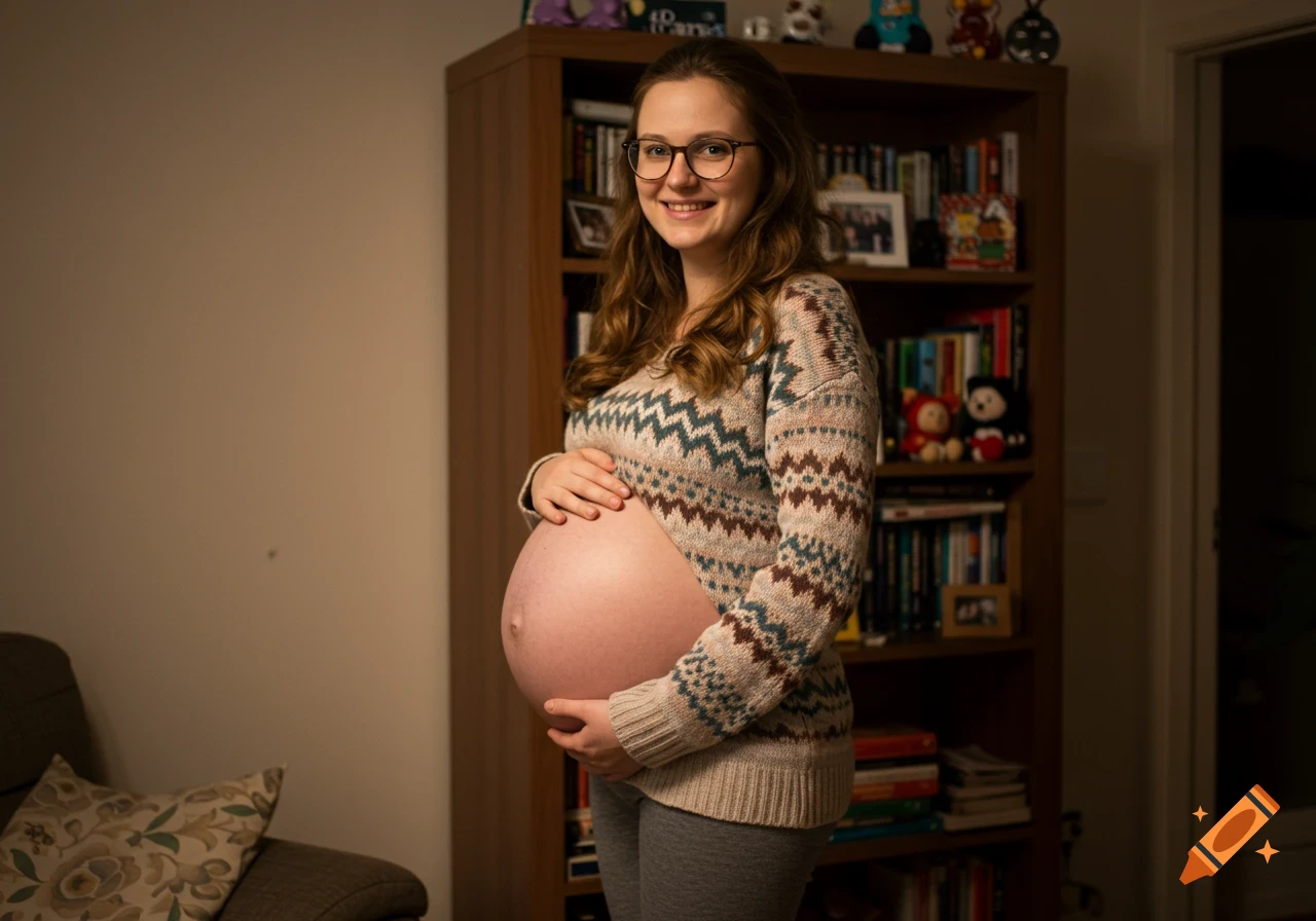 A smiling pregnant woman in glasses holds her belly, standing in front of a bookshelf.