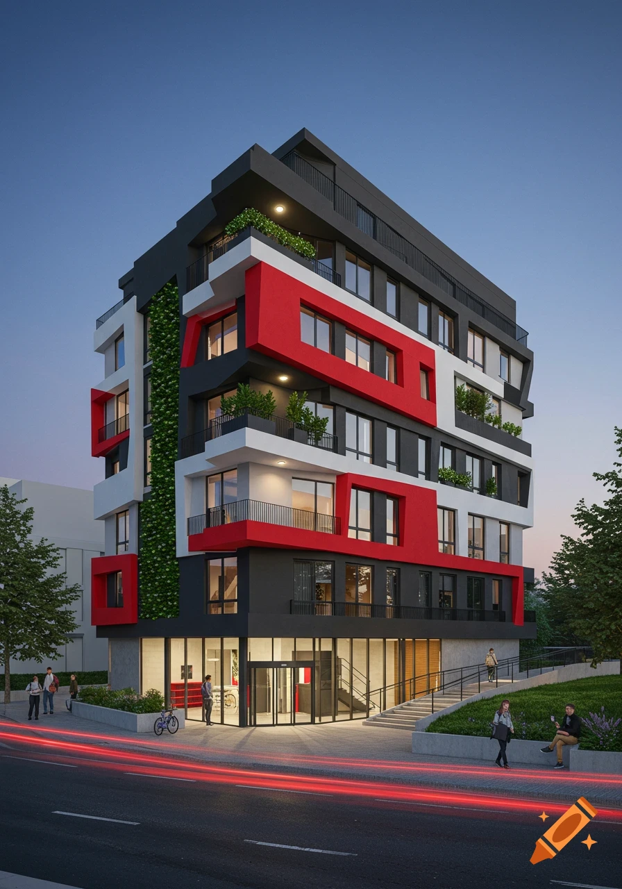 A modern apartment complex with red, white, and black facade at dusk, featuring green walls, accessible ramps, and light trails from passing cars.