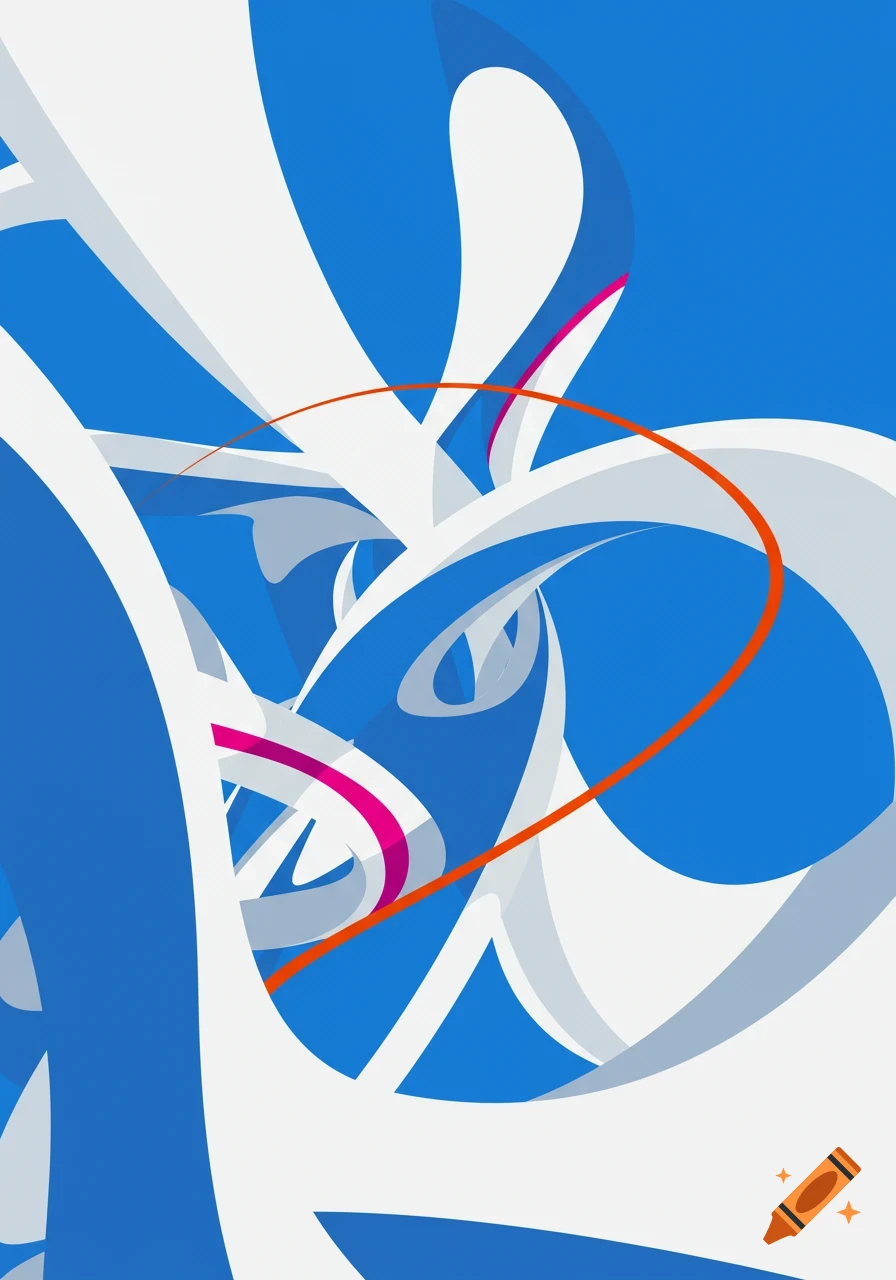 An abstract composition of swirling white and blue shapes with a prominent orange curve and hints of magenta.