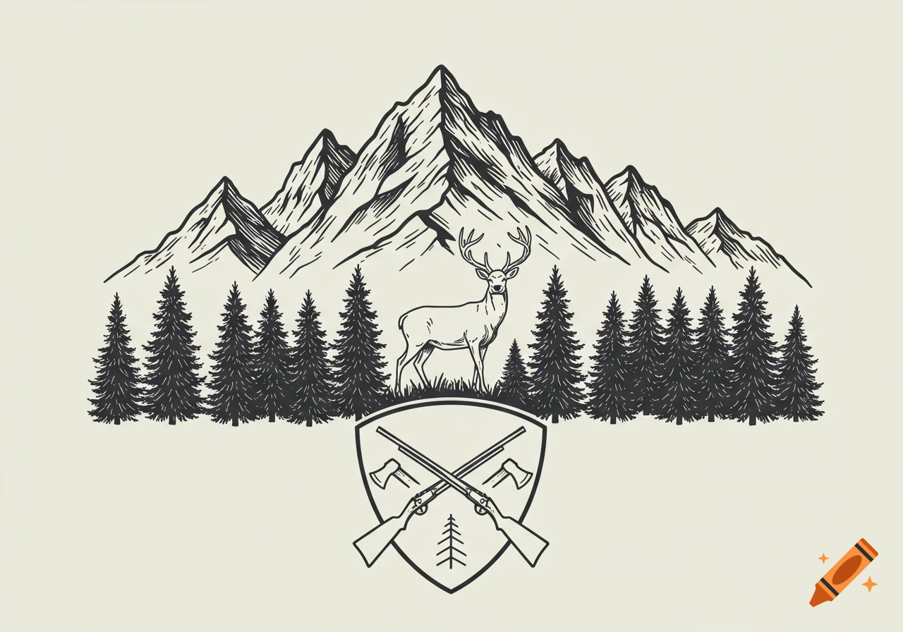 Monochrome line art of a mountain range with pine trees, a deer, and a shield with crossed rifles and axes, in a vintage wilderness badge style.
