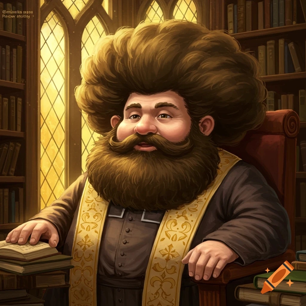 A man with a very large, bushy brown beard and hair sits in a chair in a library, surrounded by bookshelves and a large window.