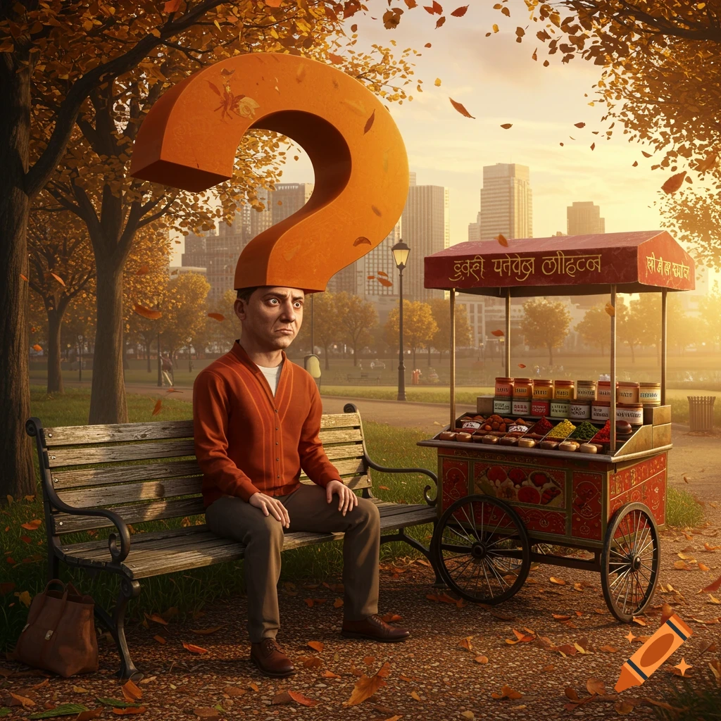 A man with a large orange question mark on his head sits on a park bench in autumn, next to a red street food cart.
