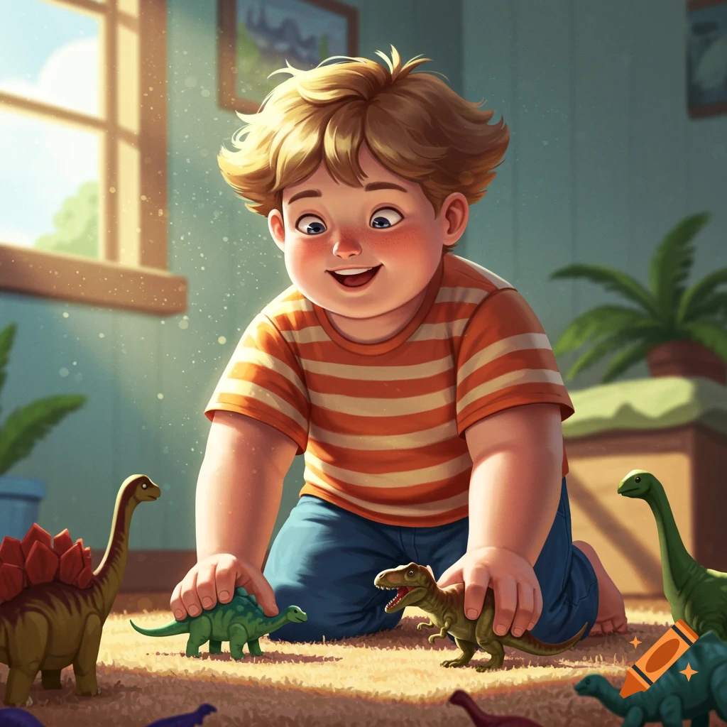 A happy chubby boy with blond hair plays on the floor with toy dinosaurs in a sunlit room.