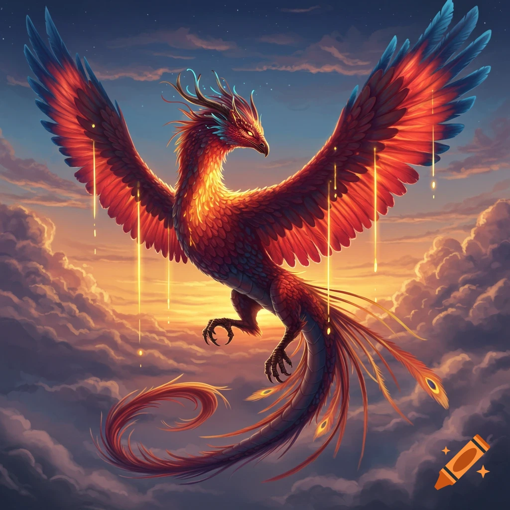 A vibrant, fiery dragon-phoenix creature with red and blue plumage soars majestically through a cloudy, orange and purple sunset sky with glowing trails emanating from its wings.