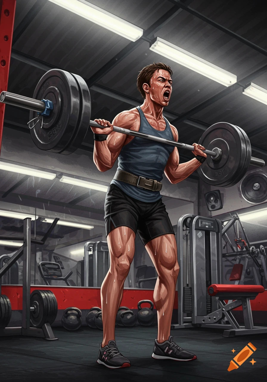 An intense, muscular man lifts a barbell in a gym, sweat dripping, in a comic book illustration style.