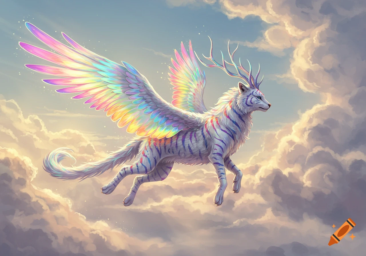 A vibrant rainbow-striped, white mythical creature with large feathered wings and antlers flies through a cloudy sky.
