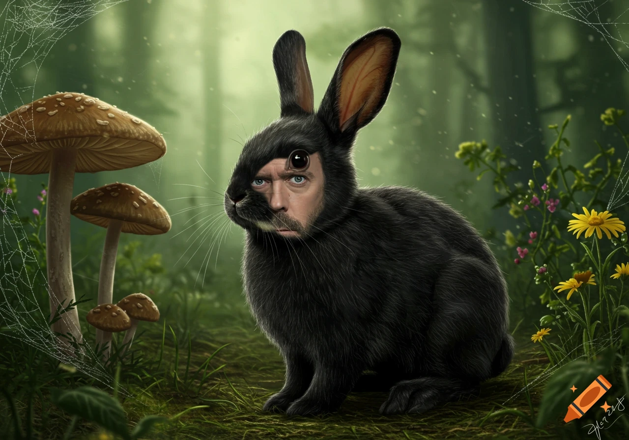 A black rabbit with a man's face and one human eye embedded in its head, sitting in a whimsical forest with large mushrooms and spiderwebs.